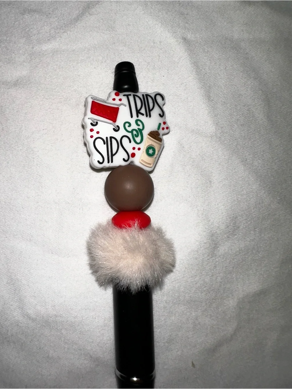 Trips & Sips Decorative Black Ballpoint Pen with Fuzzy Accent